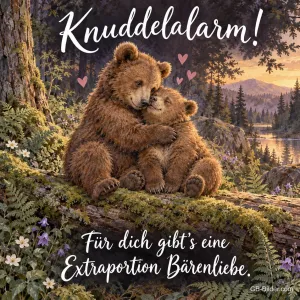 Bärenmutter umarmt ihr Junges, Text: Knuddelalarm! Für dich gibt's eine Extraportion Bärenliebe.
