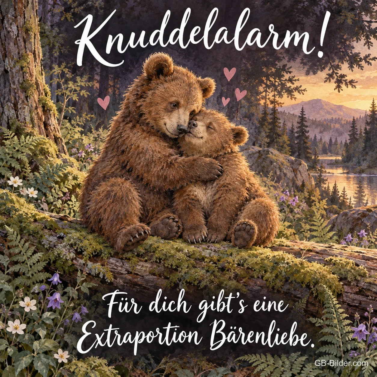 Bärenmutter umarmt ihr Junges, Text: Knuddelalarm! Für dich gibt's eine Extraportion Bärenliebe. Bärenmutter umarmt ihr Junges, Text: Knuddelalarm! Für dich gibt's eine Extraportion Bärenliebe.