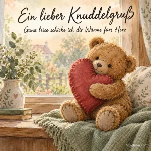 Teddybär mit rotem Herz am Fenster, Text: Ein lieber Knuddelgruß