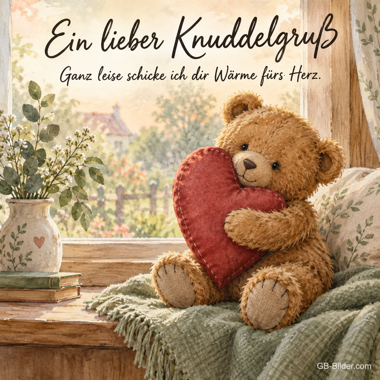 Teddybär mit rotem Herz am Fenster, Text: Ein lieber Knuddelgruß Teddybär mit rotem Herz am Fenster, Text: Ein lieber Knuddelgruß