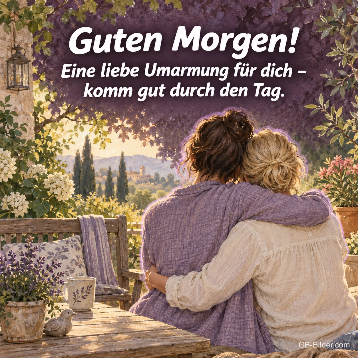 Zwei Frauen umarmen sich auf einer Terrasse, Text: Guten Morgen! Eine liebe Umarmung für dich Zwei Frauen umarmen sich auf einer Terrasse, Text: Guten Morgen! Eine liebe Umarmung für dich