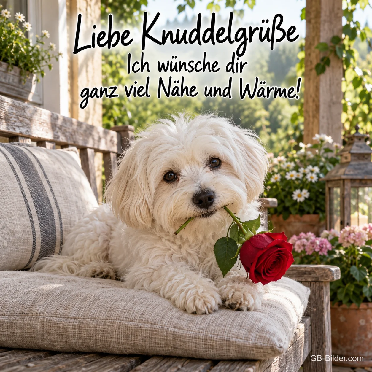 Weißer Hund mit roter Rose auf einer Bank, Text: Liebe Knuddelgrüße Weißer Hund mit roter Rose auf einer Bank, Text: Liebe Knuddelgrüße