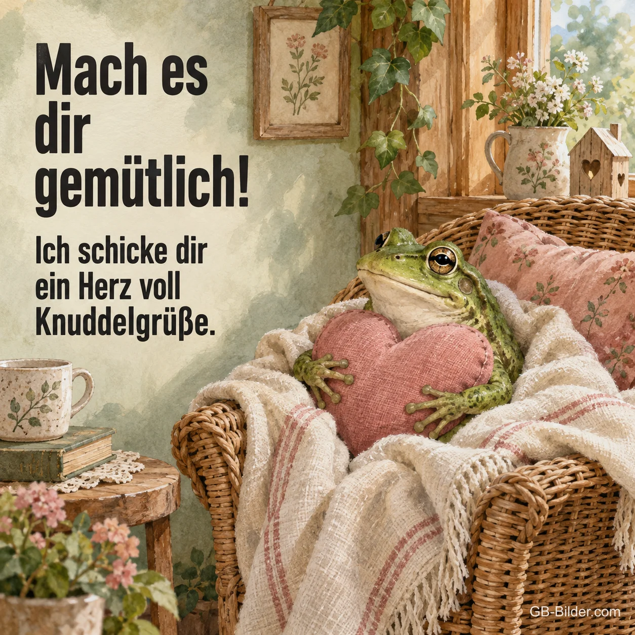 Frosch mit Stoffherz im Korbsessel, Text: Mach es dir gemütlich! Frosch mit Stoffherz im Korbsessel, Text: Mach es dir gemütlich!