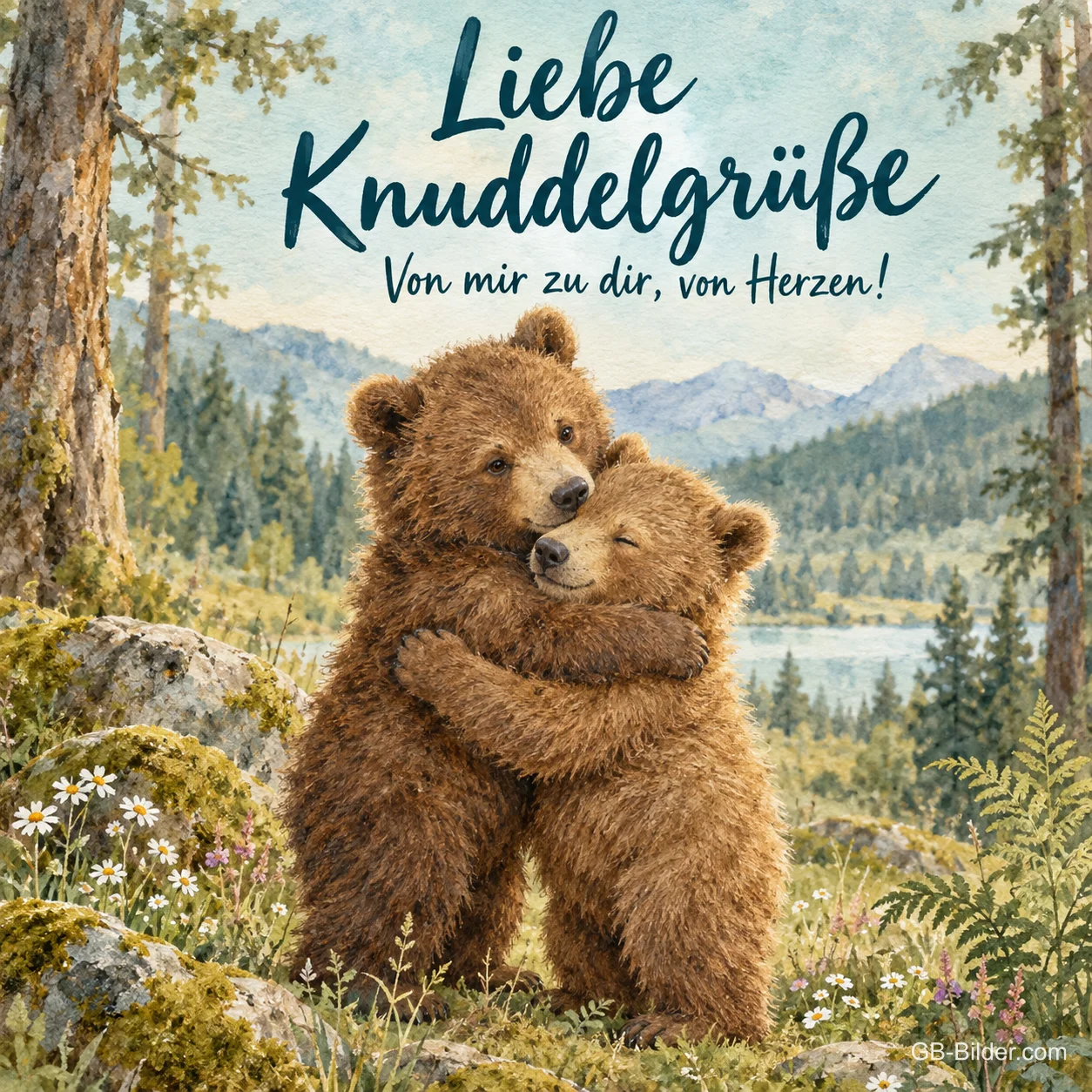 Zwei junge Bären umarmen sich, Text: Liebe Knuddelgrüße – Von mir zu dir, von Herzen! Zwei junge Bären umarmen sich, Text: Liebe Knuddelgrüße – Von mir zu dir, von Herzen!