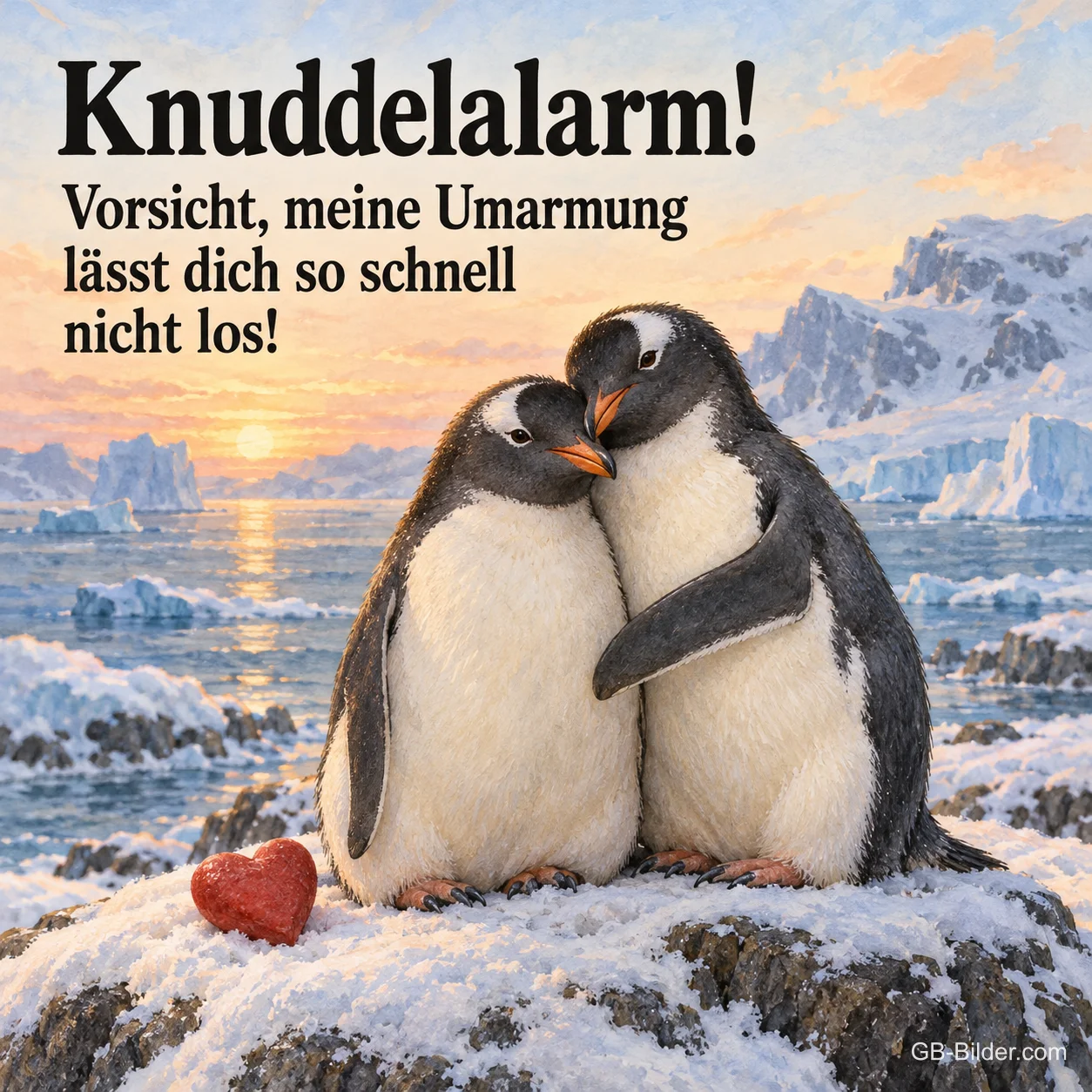 Zwei kuschelnde Pinguine an der Küste, Text: Knuddelalarm! Zwei kuschelnde Pinguine an der Küste, Text: Knuddelalarm!