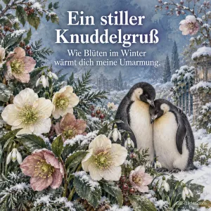 Zwei Pinguine zwischen Christrosen im Schnee, Text: Ein stiller Knuddelgruß