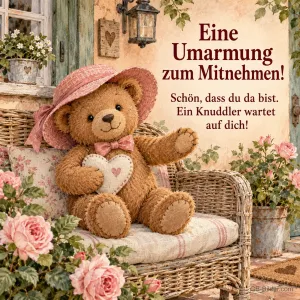 Teddybär mit Hut und Herz im Korbsessel, Text: Eine Umarmung zum Mitnehmen!