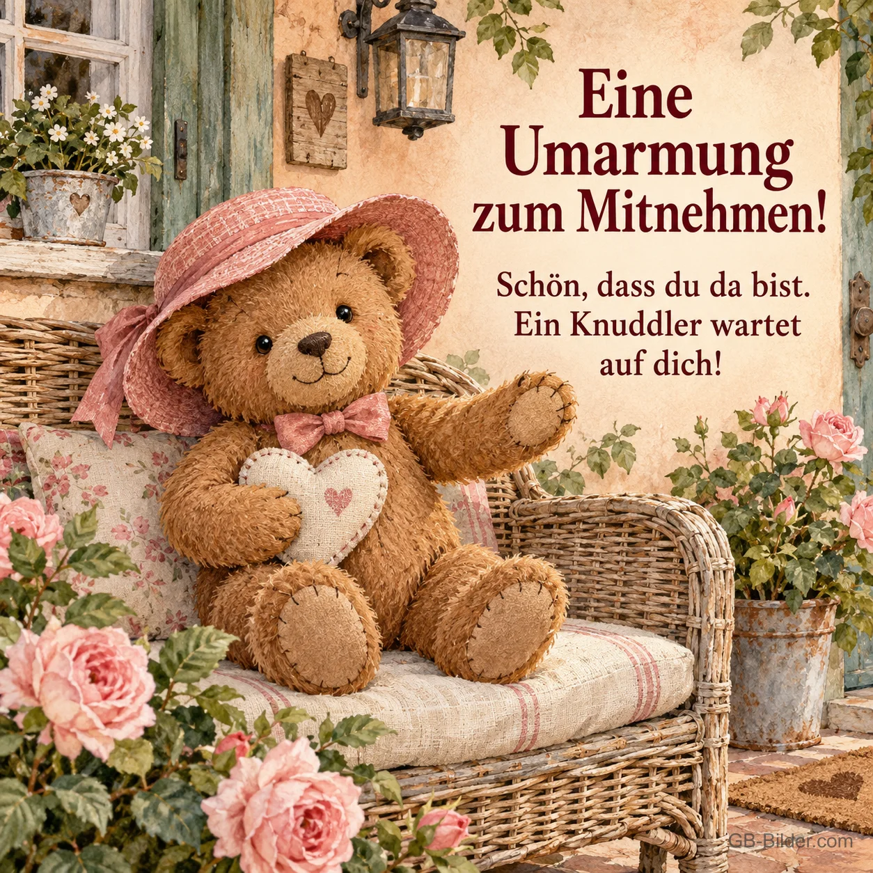 Teddybär mit Hut und Herz im Korbsessel, Text: Eine Umarmung zum Mitnehmen! Teddybär mit Hut und Herz im Korbsessel, Text: Eine Umarmung zum Mitnehmen!