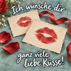 Karten mit Kussabdrücken und Rosenblättern, Text: Ich wünsche dir ganz viele liebe Küsse!