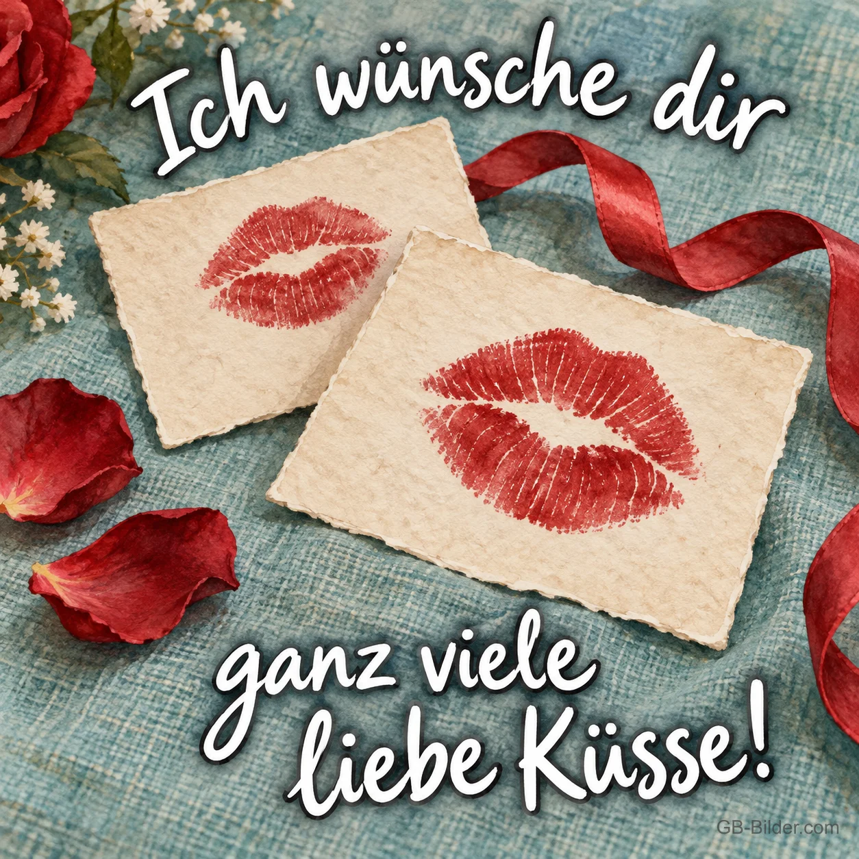 Karten mit Kussabdrücken und Rosenblättern, Text: Ich wünsche dir ganz viele liebe Küsse! Karten mit Kussabdrücken und Rosenblättern, Text: Ich wünsche dir ganz viele liebe Küsse!