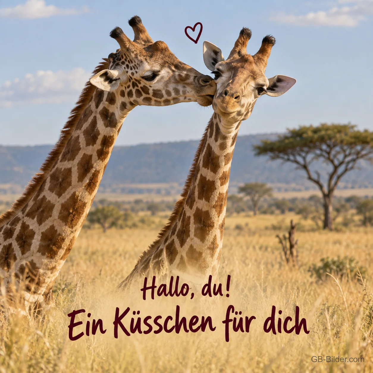 Zwei Giraffen beim Küsschen in der Savanne, Text: Hallo, du! Ein Küsschen für dich Zwei Giraffen beim Küsschen in der Savanne, Text: Hallo, du! Ein Küsschen für dich