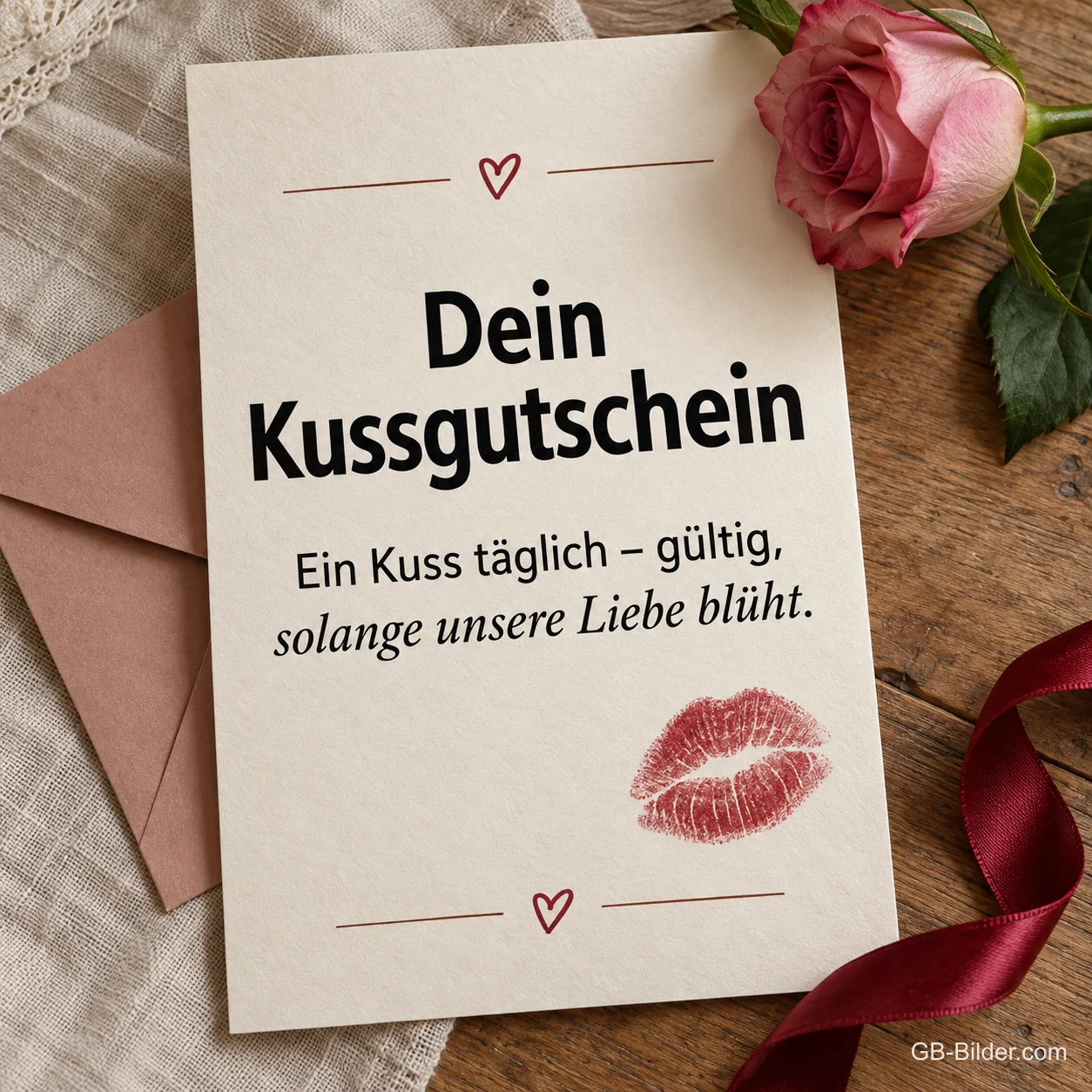 Kussgutschein mit Rose und Umschlag, Text: Dein Kussgutschein Kussgutschein mit Rose und Umschlag, Text: Dein Kussgutschein