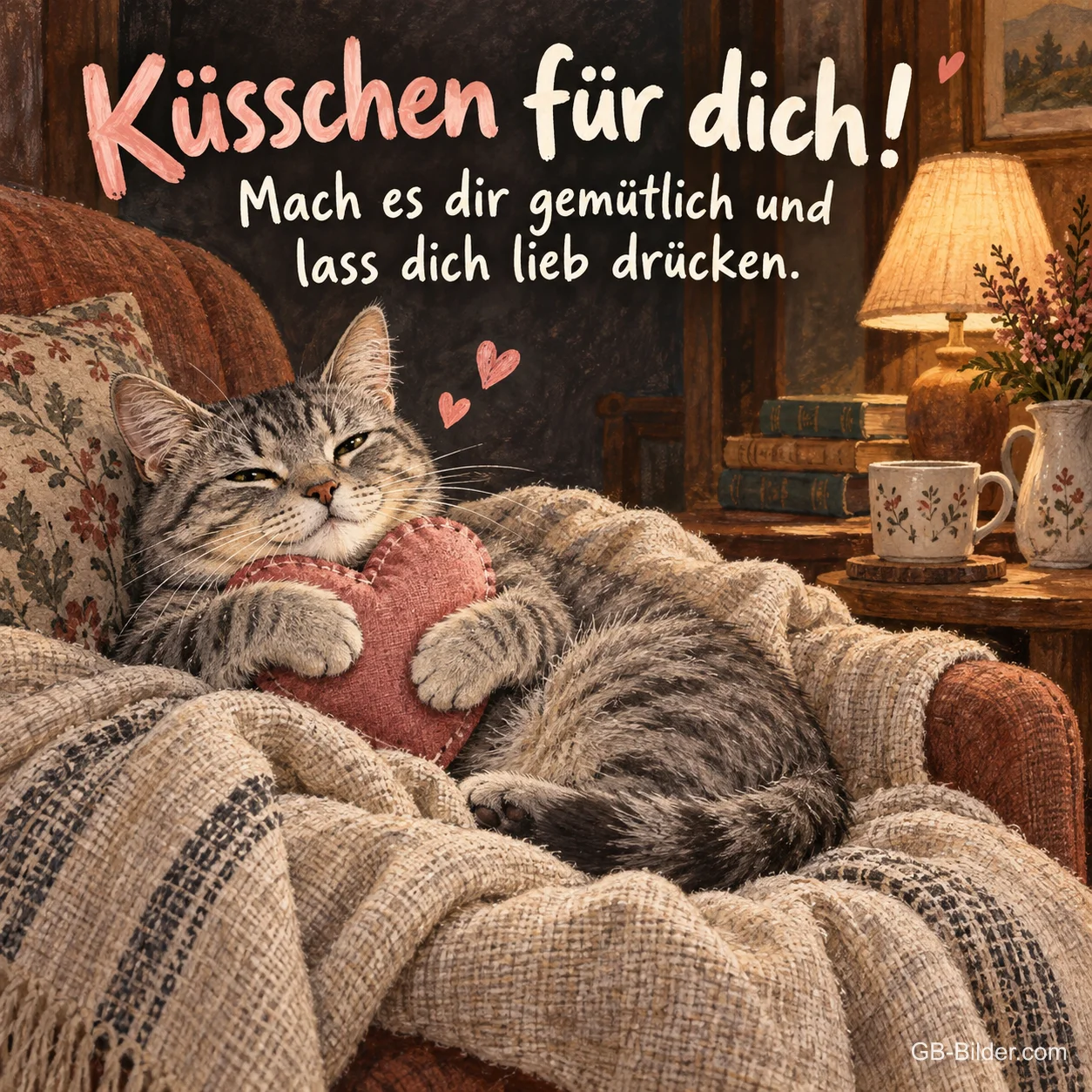 Katze mit Stoffherz im Sessel, Text: Küsschen für dich! Katze mit Stoffherz im Sessel, Text: Küsschen für dich!