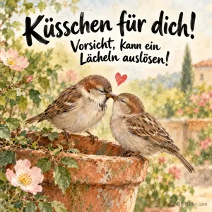 Zwei Spatzen beim Küsschen auf einem Blumentopf, Text: Küsschen für dich!