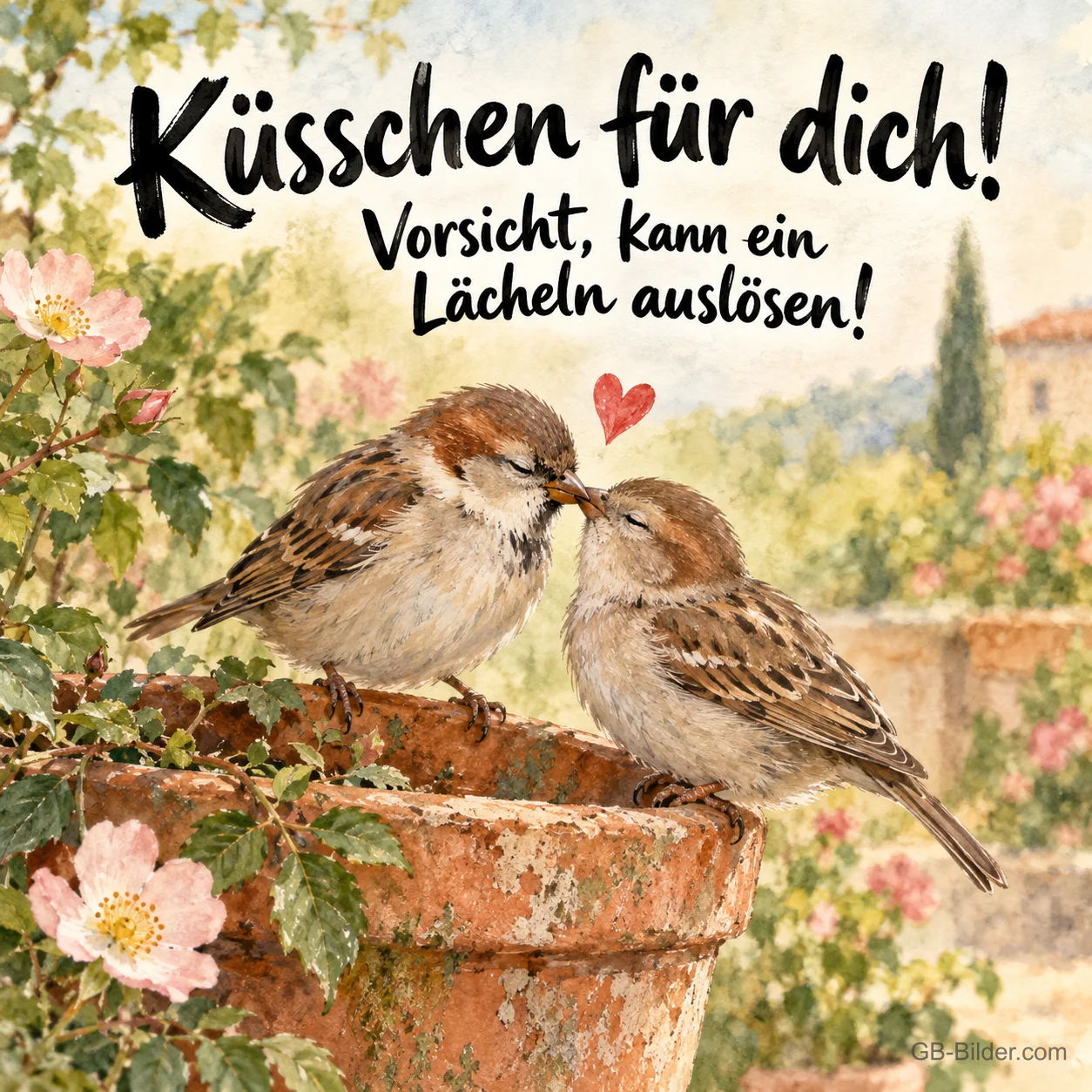 Zwei Spatzen beim Küsschen auf einem Blumentopf, Text: Küsschen für dich! Zwei Spatzen beim Küsschen auf einem Blumentopf, Text: Küsschen für dich!