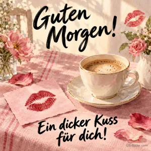 Kaffeetasse mit Rosen und Kussabdruck, Text: Guten Morgen! Ein dicker Kuss für dich!