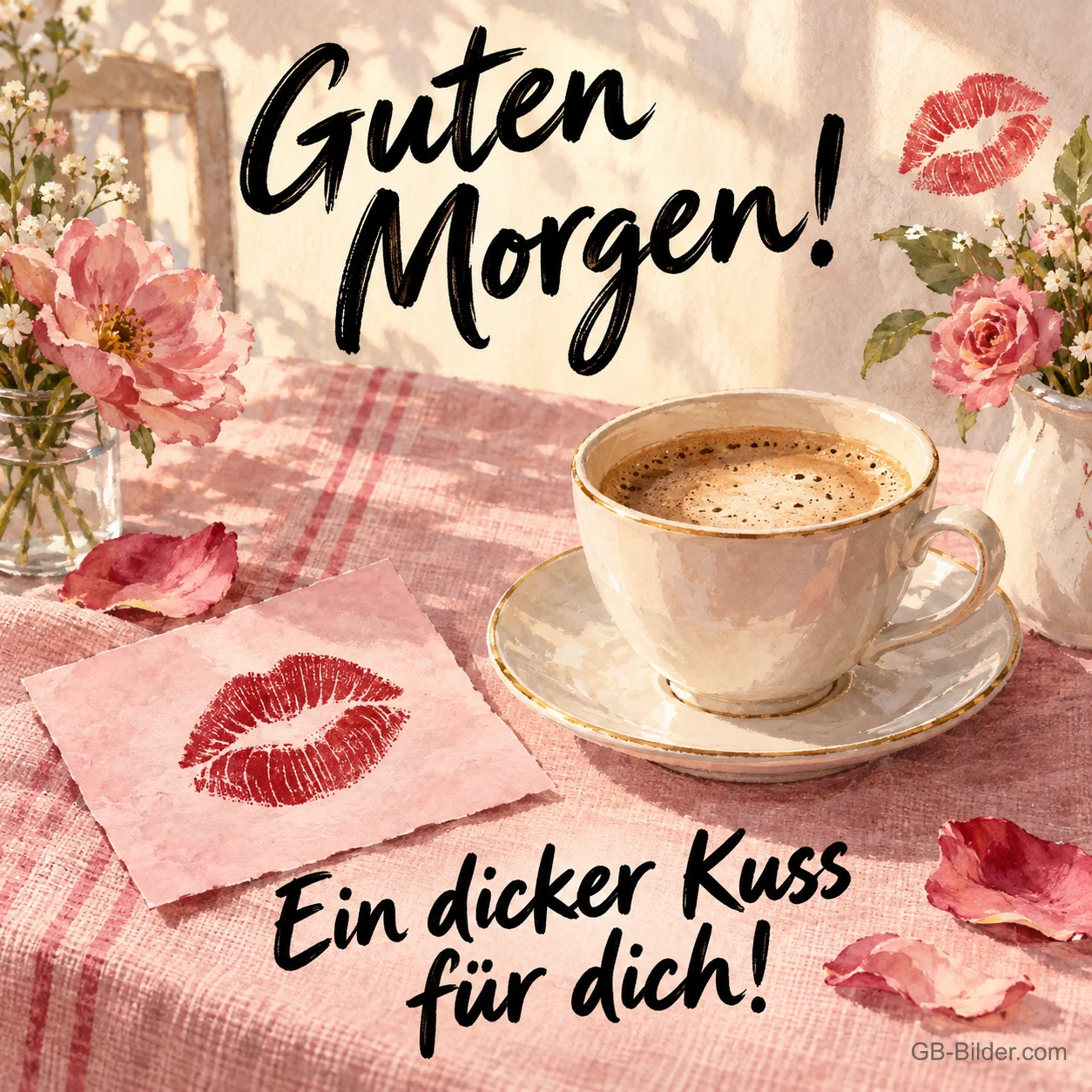 Kaffeetasse mit Rosen und Kussabdruck, Text: Guten Morgen! Ein dicker Kuss für dich! Kaffeetasse mit Rosen und Kussabdruck, Text: Guten Morgen! Ein dicker Kuss für dich!