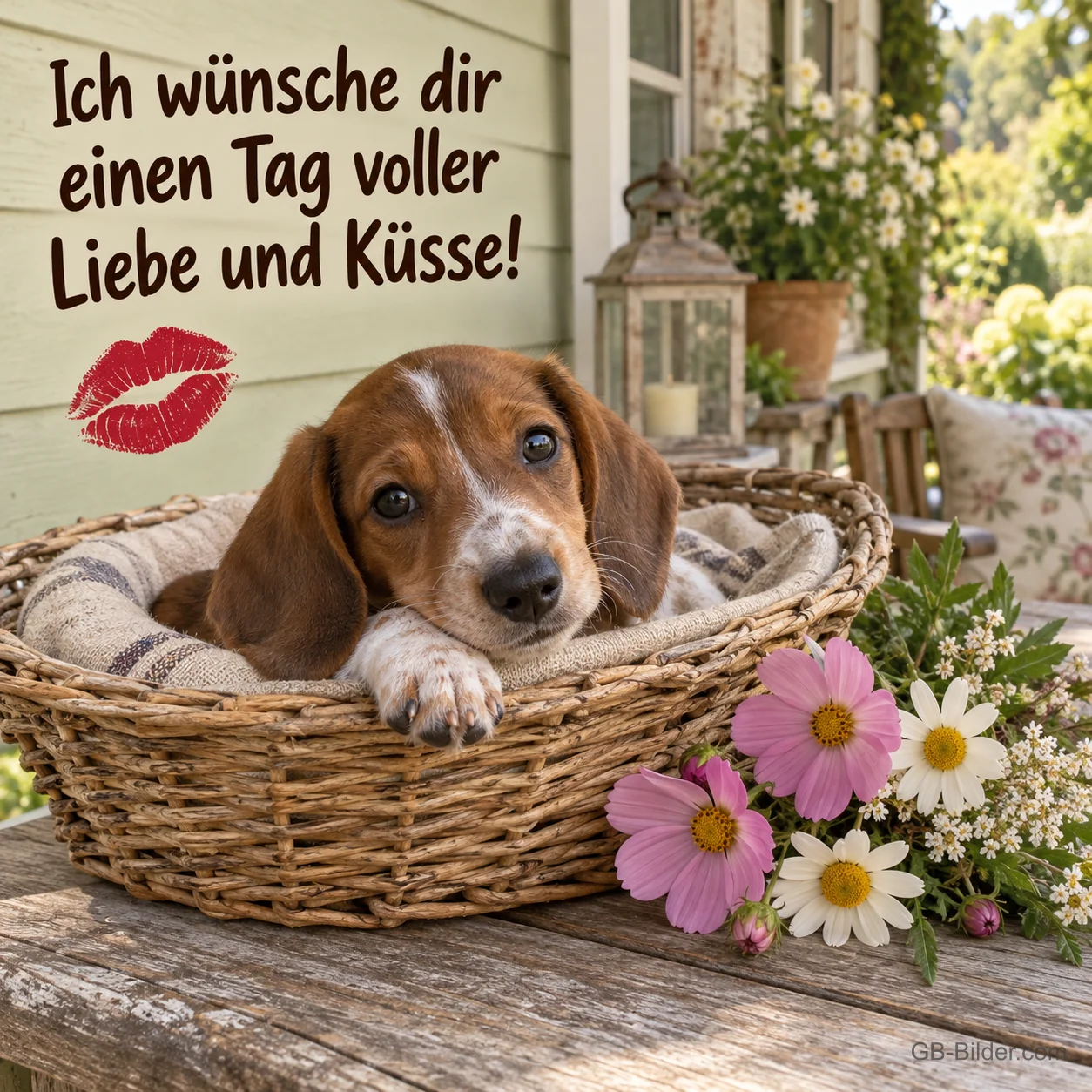 Welpe im Weidenkorb mit Blumen, Text: Ich wünsche dir einen Tag voller Liebe und Küsse! Welpe im Weidenkorb mit Blumen, Text: Ich wünsche dir einen Tag voller Liebe und Küsse!