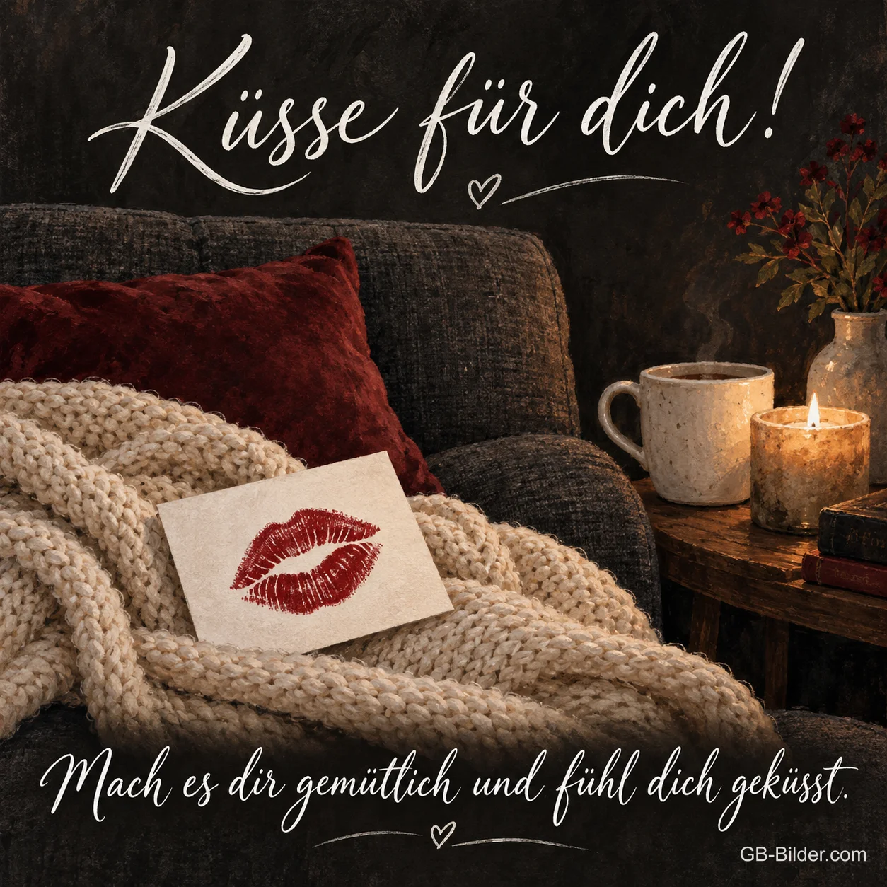 Karte mit Kussabdruck auf einer Strickdecke, Text: Küsse für dich! Karte mit Kussabdruck auf einer Strickdecke, Text: Küsse für dich!