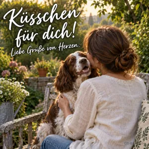 Frau küsst ihren Hund im Garten, Text: Küsschen für dich! Liebe Grüße von Herzen.