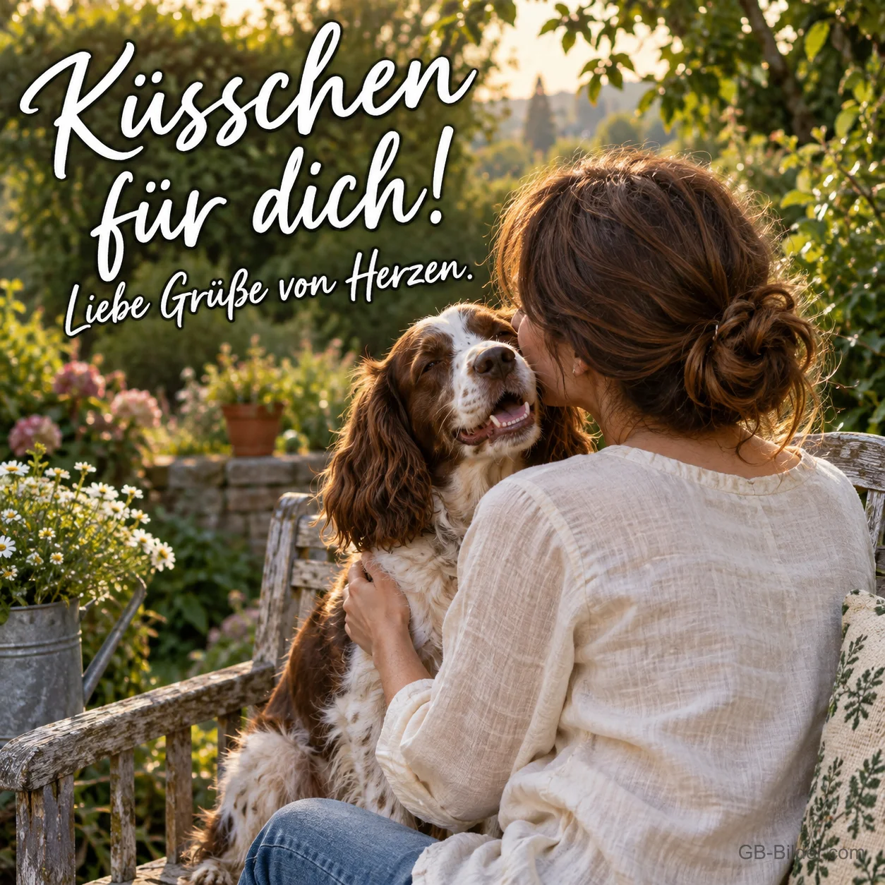 Frau küsst ihren Hund im Garten, Text: Küsschen für dich! Liebe Grüße von Herzen. Frau küsst ihren Hund im Garten, Text: Küsschen für dich! Liebe Grüße von Herzen.