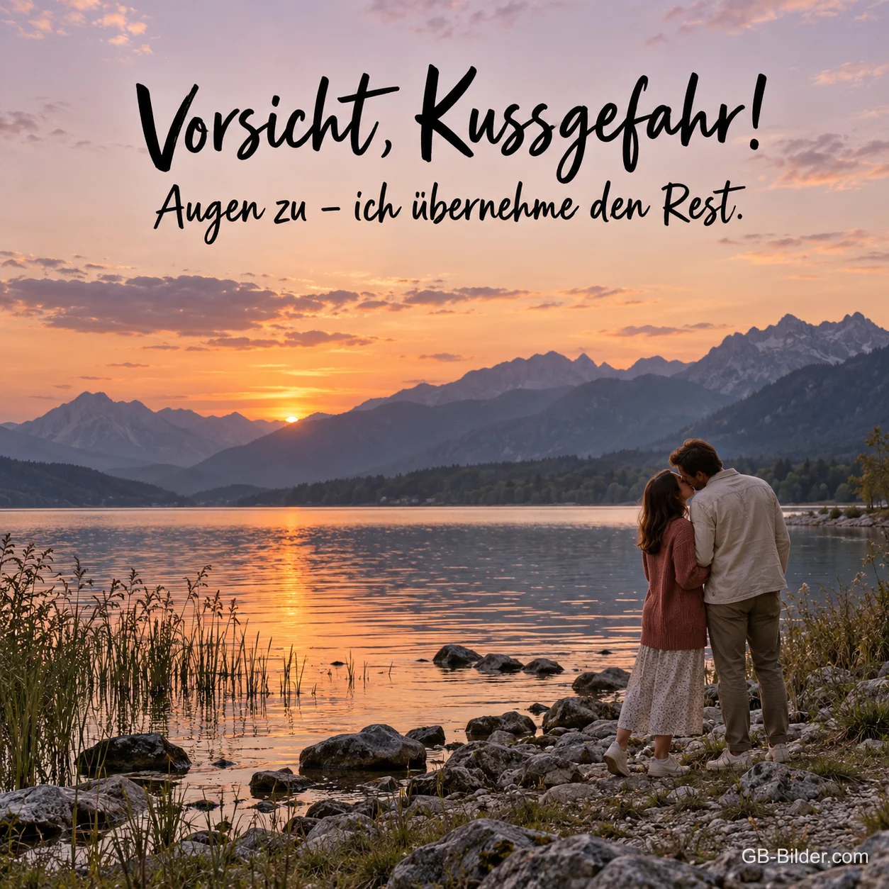 Paar küsst sich am Bergsee, Text: Vorsicht, Kussgefahr! Paar küsst sich am Bergsee, Text: Vorsicht, Kussgefahr!