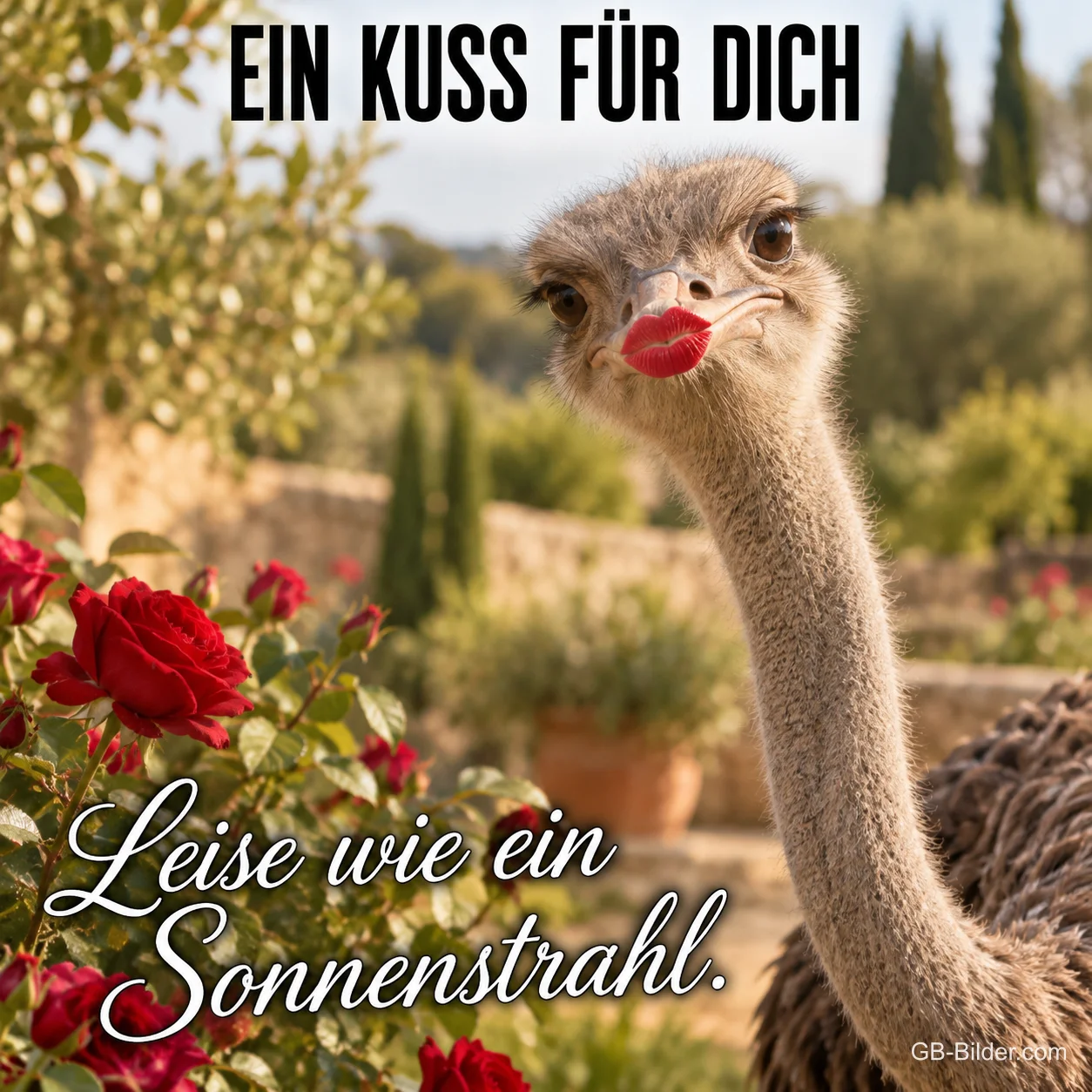 Strauß mit rotem Kussmund, lustiger Text: Ein Kuss für dich Strauß mit rotem Kussmund, lustiger Text: Ein Kuss für dich
