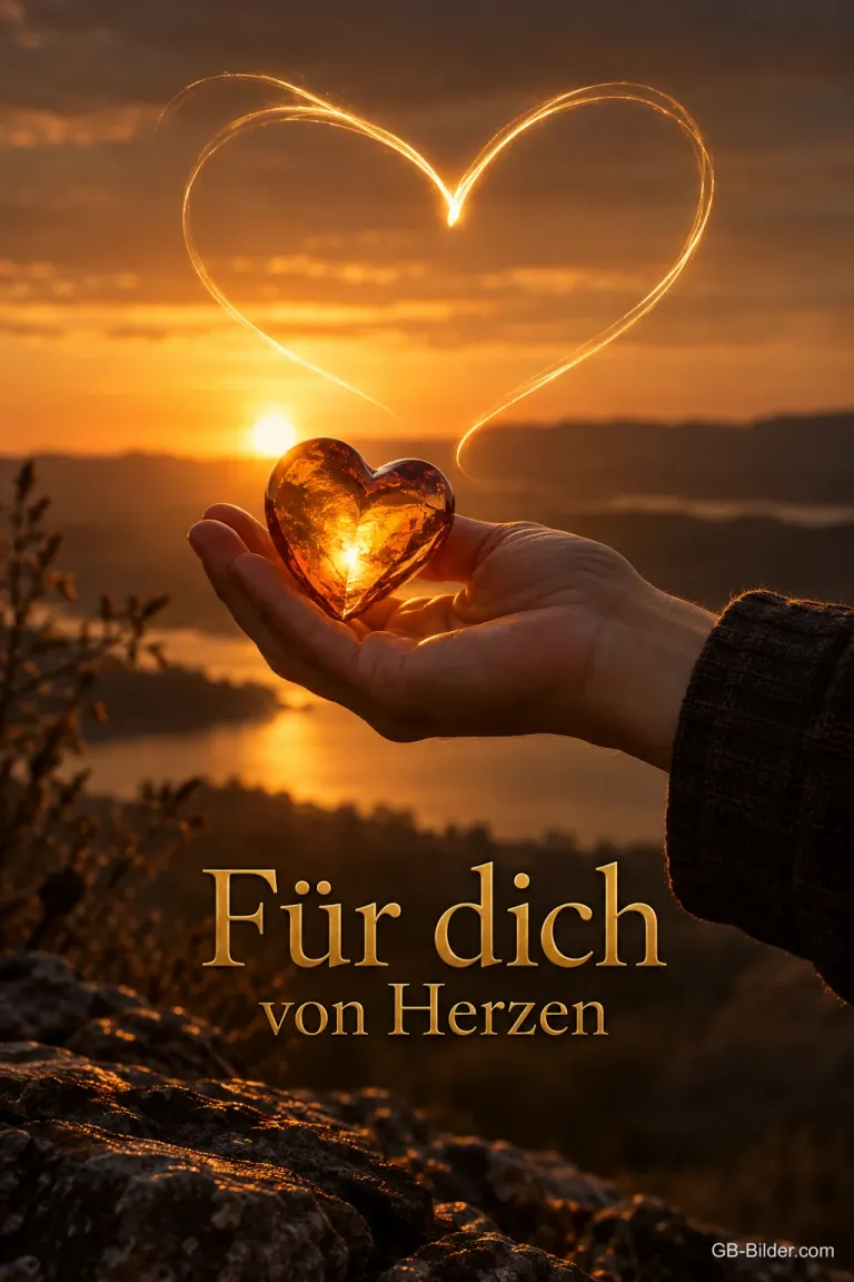 Hand hält ein leuchtendes Herz vor dem Sonnenuntergang, Text: Für dich – von Herzen