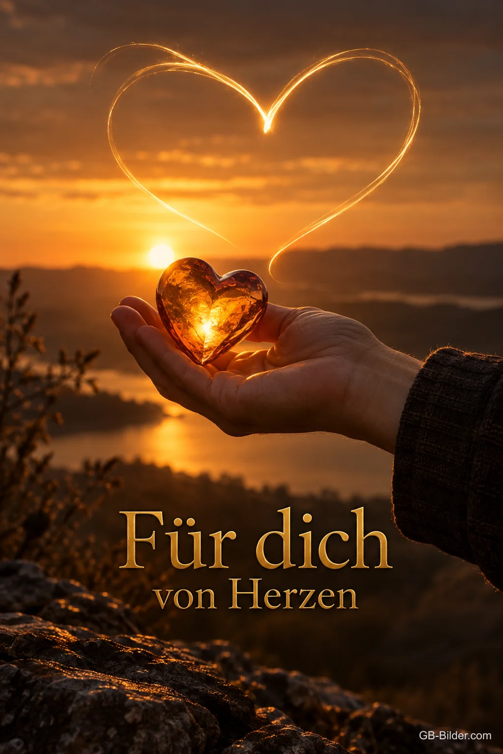 Hand hält ein leuchtendes Herz vor dem Sonnenuntergang, Text: Für dich – von Herzen