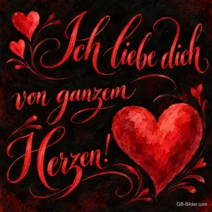 Rotes Herz mit Ornamenten auf dunklem Grund, Text: Ich liebe dich – von ganzem Herzen!