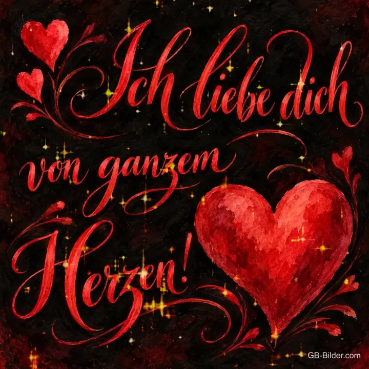 Rotes Herz mit Ornamenten auf dunklem Grund, Text: Ich liebe dich – von ganzem Herzen!