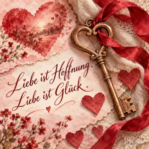 Alter Schlüssel mit Herz und rotem Band auf Spitze, Text: Liebe ist Hoffnung. – Liebe ist Glück.