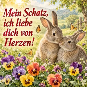 Zwei Hasen geben sich einen Nasenkuss zwischen Stiefmütterchen, Text: Mein Schatz, ich liebe dich – von Herzen!