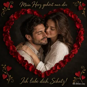 Paar umarmt sich in einem Herz aus roten Rosenblättern, Text: Mein Herz gehört nur dir – Ich liebe dich, Schatz!