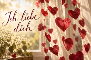 Rote Papierherzen an Schnüren vor einem sonnigen Fenster, Text: Ich liebe dich