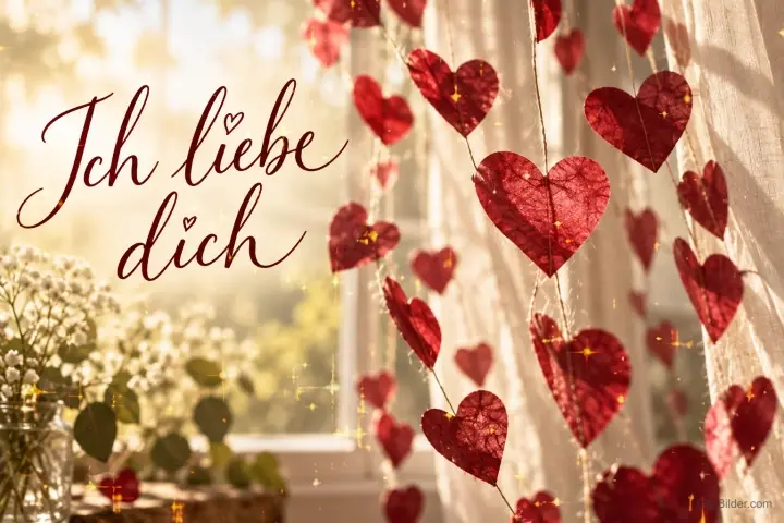 Rote Papierherzen an Schnüren vor einem sonnigen Fenster, Text: Ich liebe dich