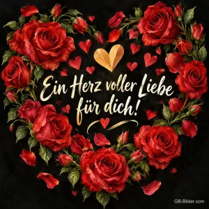 Herz aus roten Rosen mit goldenem Herzchen, Text: Ein Herz voller Liebe – für dich!