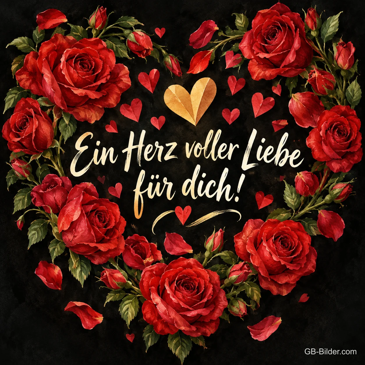 Herz aus roten Rosen mit goldenem Herzchen, Text: Ein Herz voller Liebe – für dich! Herz aus roten Rosen mit goldenem Herzchen, Text: Ein Herz voller Liebe – für dich!