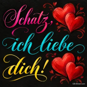 Rote Herzen und bunte Schrift auf Schwarz, Text: Schatz, ich liebe dich!