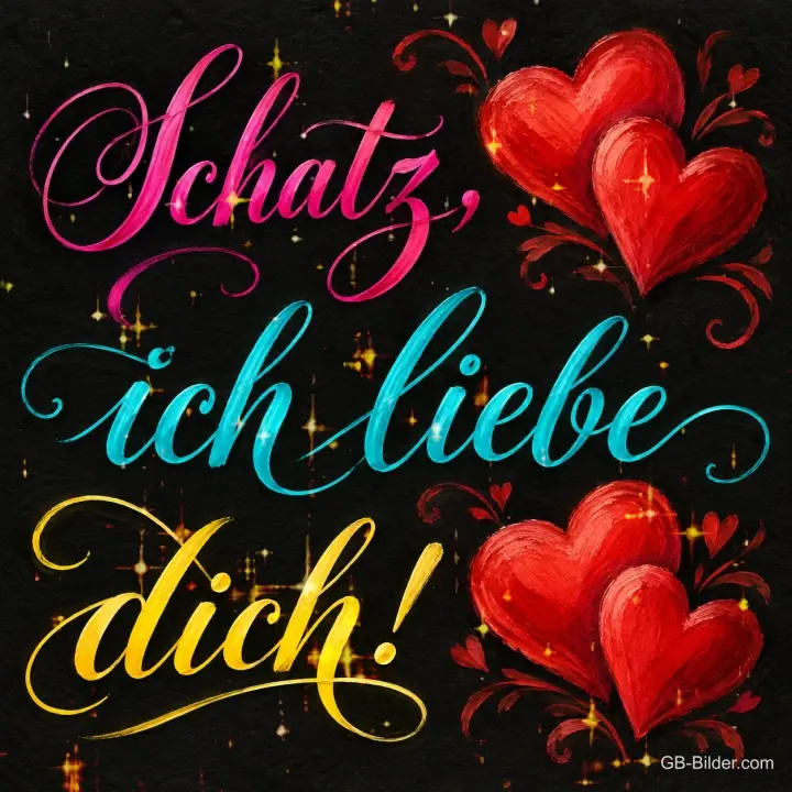 Rote Herzen und bunte Schrift auf Schwarz, Text: Schatz, ich liebe dich!