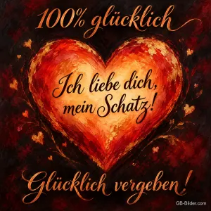 Leuchtendes rotes Herz mit kleinen Herzen, Text: 100% glücklich – Ich liebe dich, mein Schatz! Glücklich vergeben!