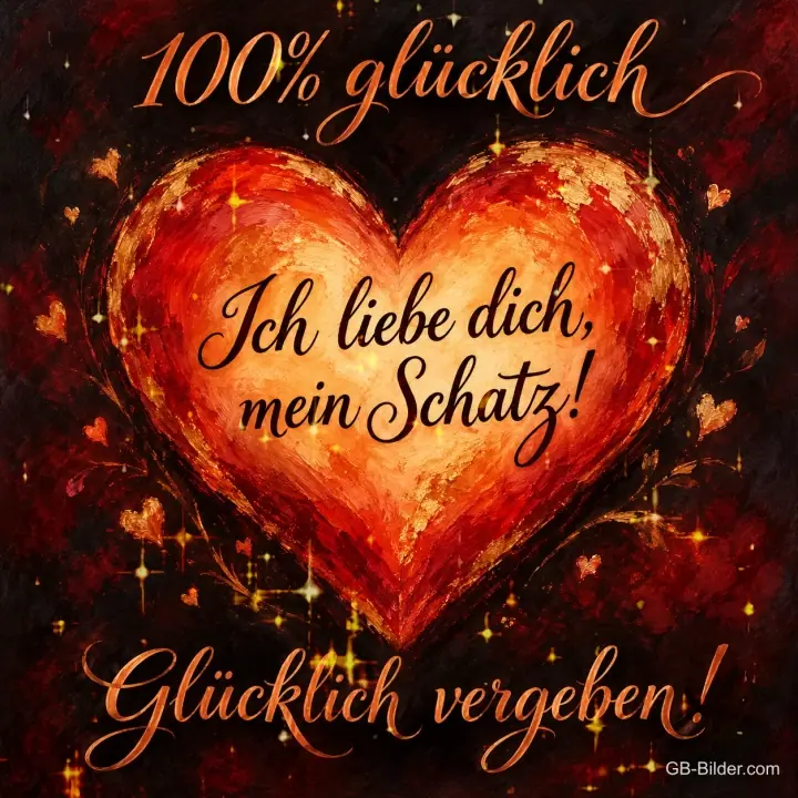 Leuchtendes rotes Herz mit kleinen Herzen, Text: 100% glücklich – Ich liebe dich, mein Schatz! Glücklich vergeben!