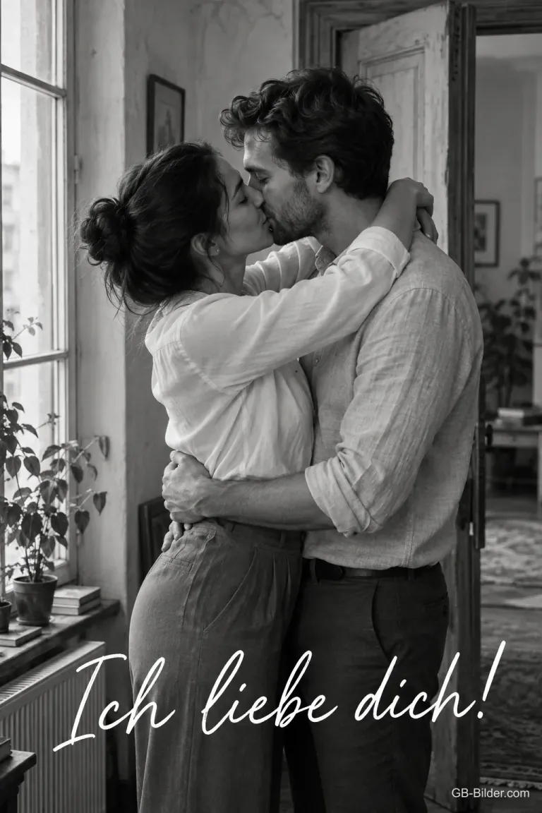 Paar küsst sich am Fenster im Schwarz-Weiß-Foto, Text: Ich liebe dich!