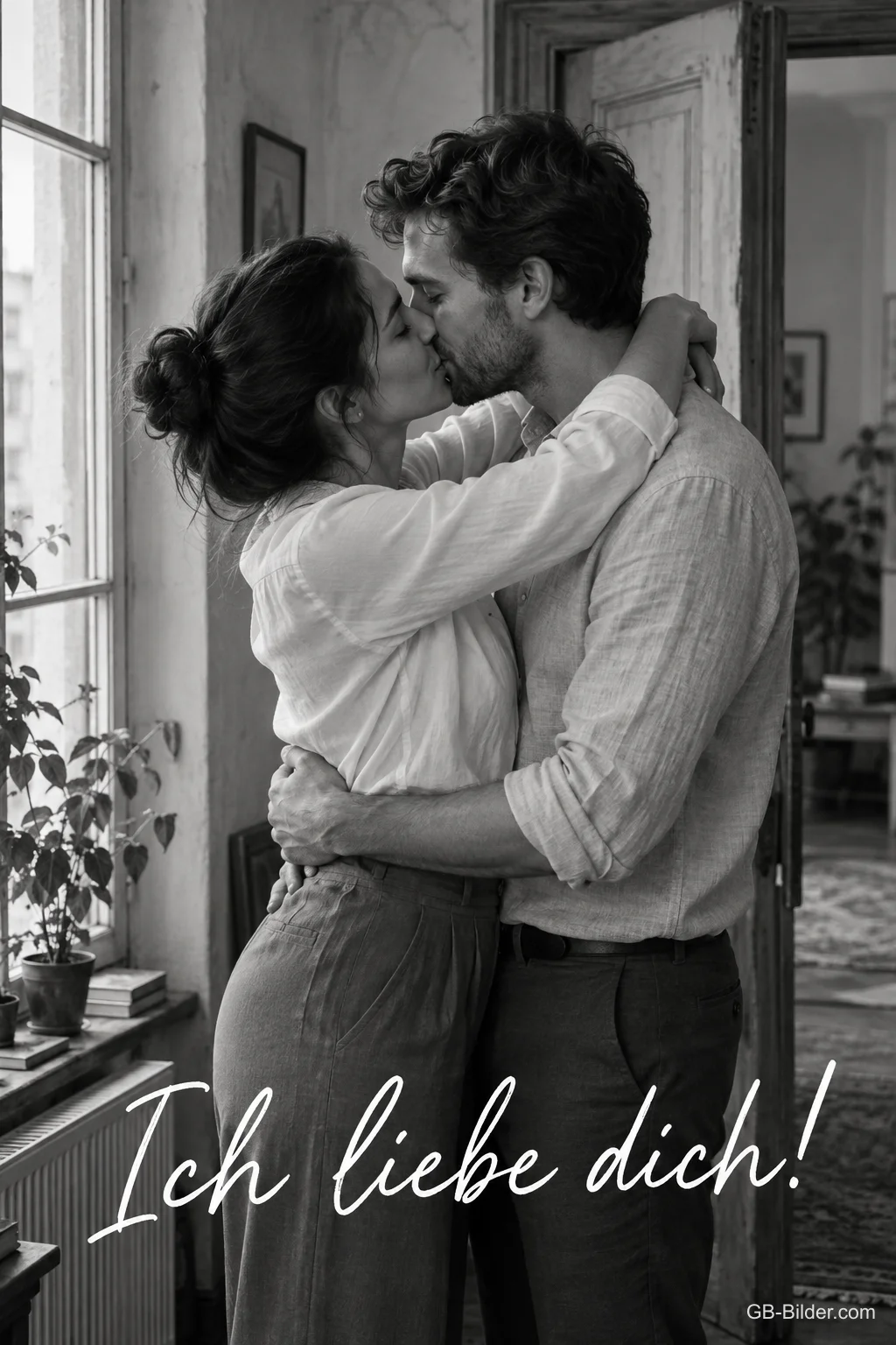 Paar küsst sich am Fenster im Schwarz-Weiß-Foto, Text: Ich liebe dich! Paar küsst sich am Fenster im Schwarz-Weiß-Foto, Text: Ich liebe dich!