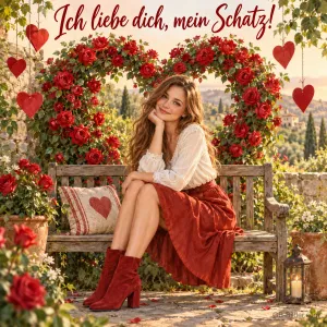Lächelnde Frau sitzt auf einer Bank unter einem Herzbogen aus roten Rosen, Text: Ich liebe dich, mein Schatz!