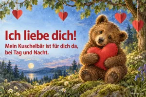 Bärenjunges umarmt ein rotes Herz im Wald, Text: Ich liebe dich! – Mein Kuschelbär ist für dich da, bei Tag und Nacht.