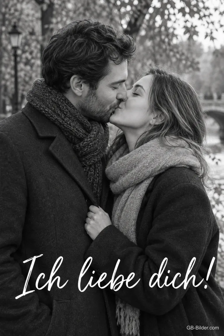 Paar küsst sich im Winter im Park, Schwarz-Weiß-Foto, Text: Ich liebe dich!
