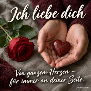 Hände halten ein rotes Herz neben einer Rose, Text: Ich liebe dich – Von ganzem Herzen – für immer an deiner Seite.