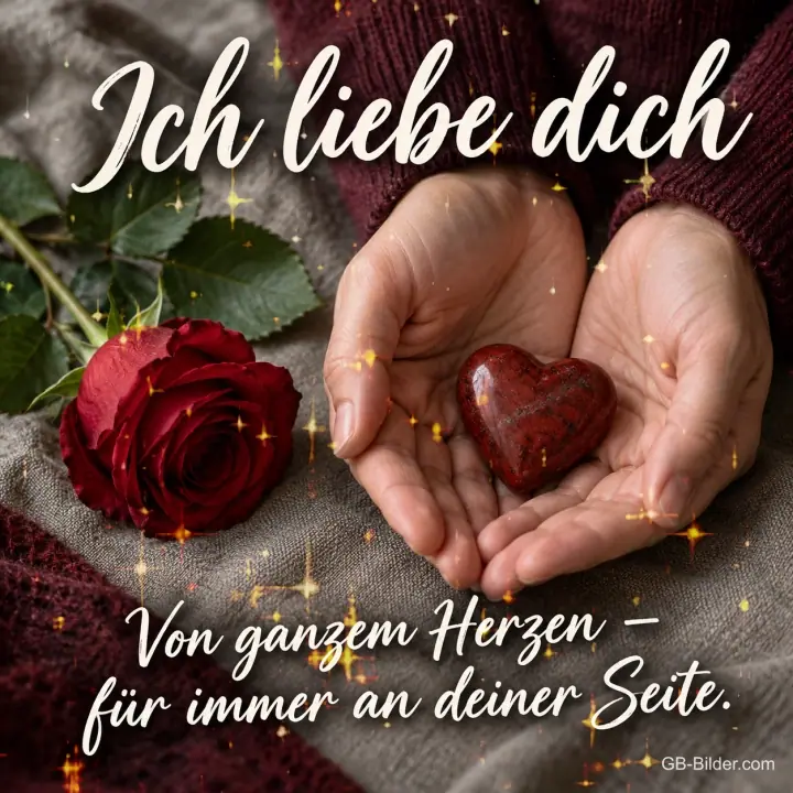 Hände halten ein rotes Herz neben einer Rose, Text: Ich liebe dich – Von ganzem Herzen – für immer an deiner Seite.