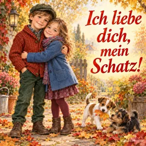 Junge und Mädchen umarmen sich im Herbstlaub, zwei Welpen, Text: Ich liebe dich, mein Schatz!